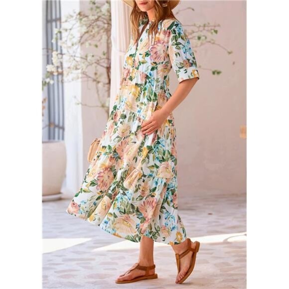 PRETTYGARDEN Women's Summer Beach Maxi Dress Short Sleeve Buttons Tiered Ruffle - Picture 13 of 16